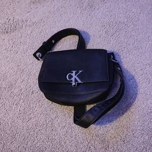 Calvin Klein Black Pebbled Leather Crossbody with Silver CK Logo
